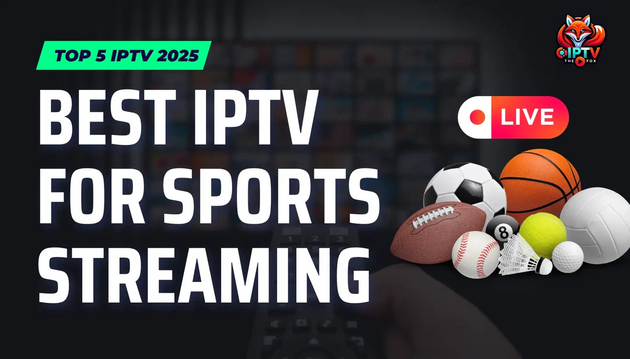 Best IPTV services for sports streaming in 2025 with top 5 reviews and live sports icons including various balls and shuttlecock.
