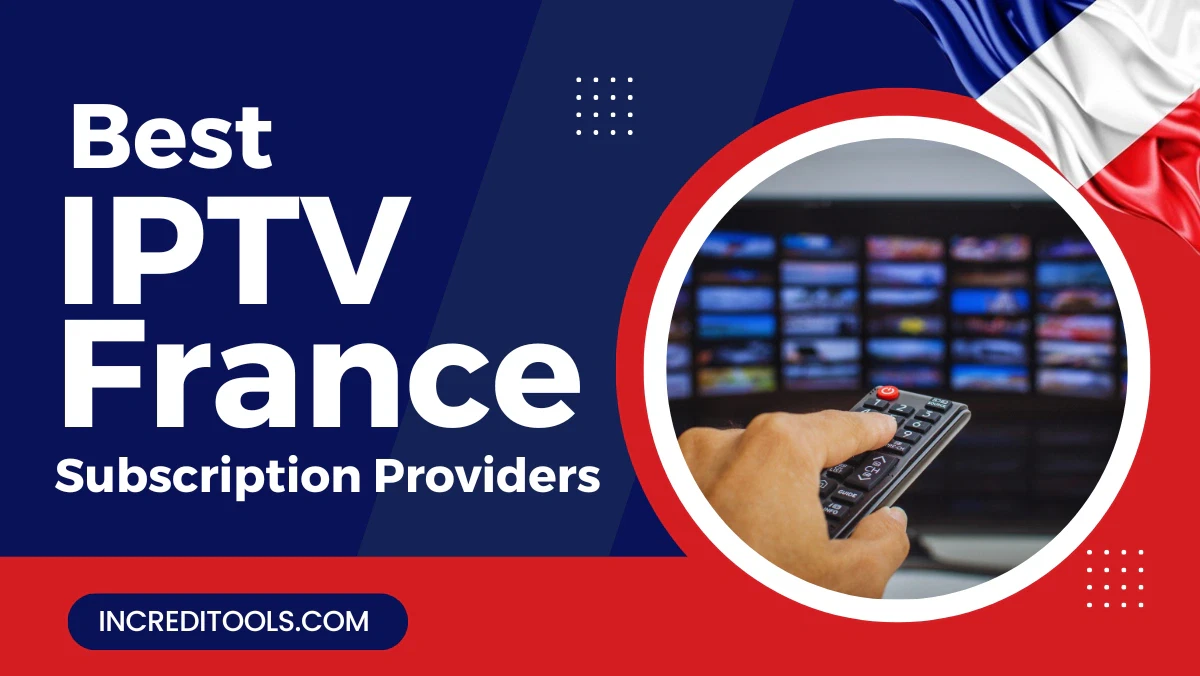Hand holding a remote control in front of multiple TV screens with text about best IPTV France subscription providers 2025.