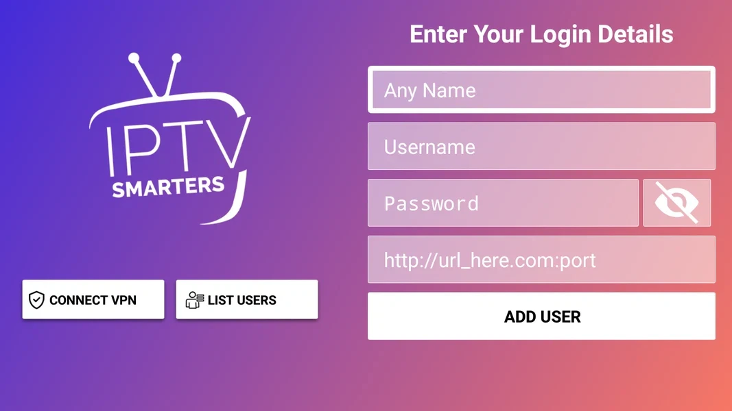 IPTV Smarters app login screen with fields for name, username, password, URL, and buttons for VPN and user list.