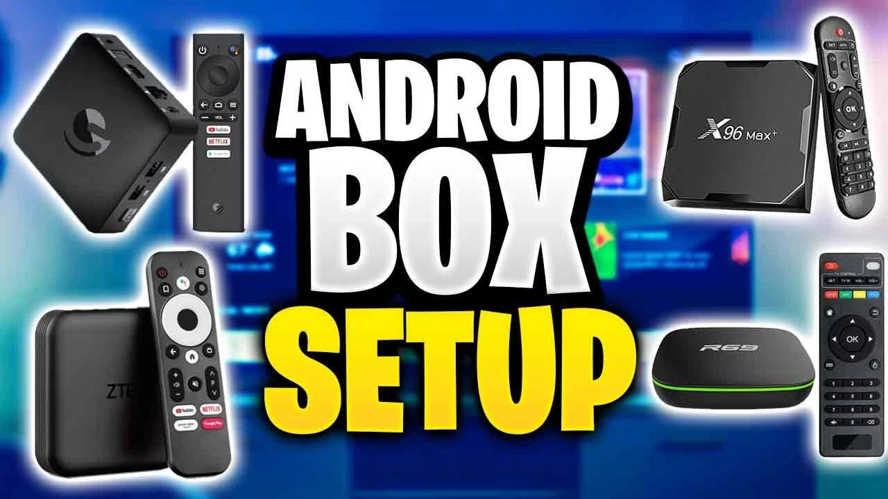 Collage of various Android TV boxes and remotes with bold text 'Android Box Setup' on a blurred TV screen background.