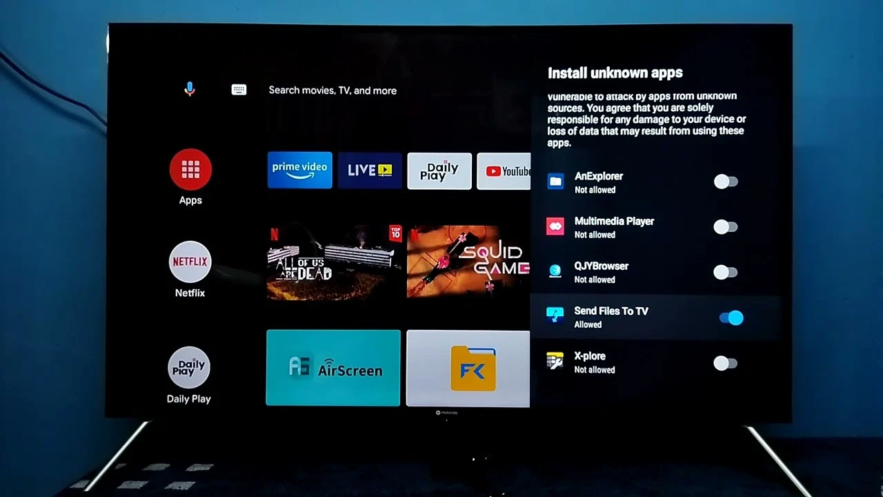 Android TV screen showing settings to allow apps from unknown sources for installing apps like Send Files To TV.