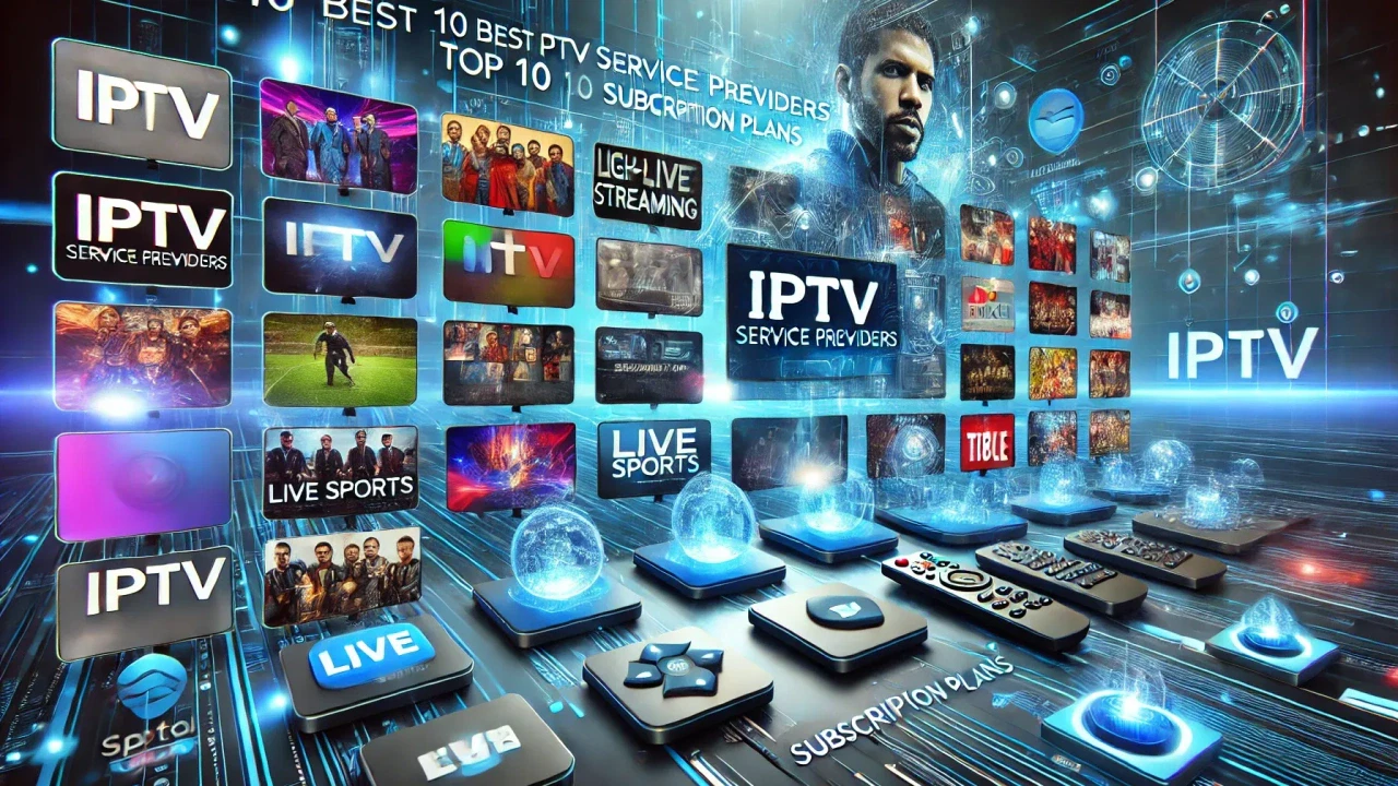 Futuristic digital interface displaying top 10 IPTV service providers and subscription plans for 2024 with streaming icons and remotes.