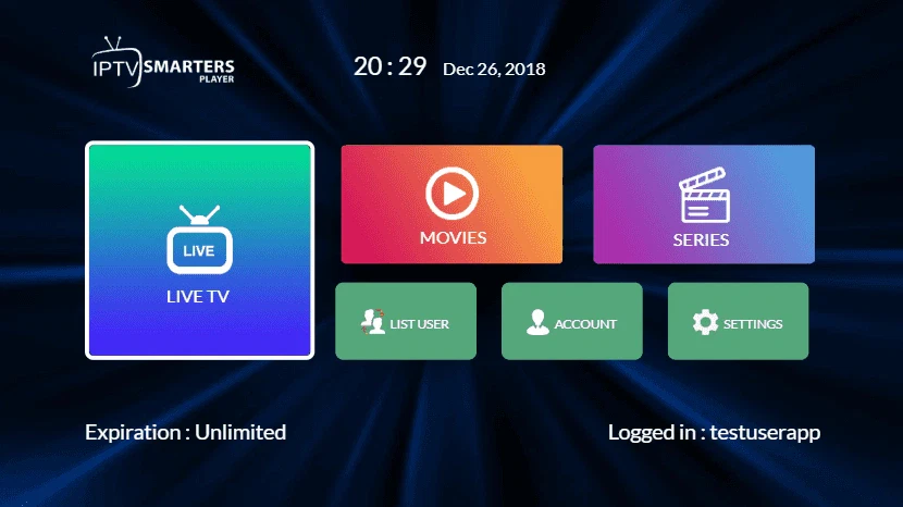 IPTV Smarters Player interface showing options for Live TV, Movies, Series, User List, Account, and Settings on a dark blue background.