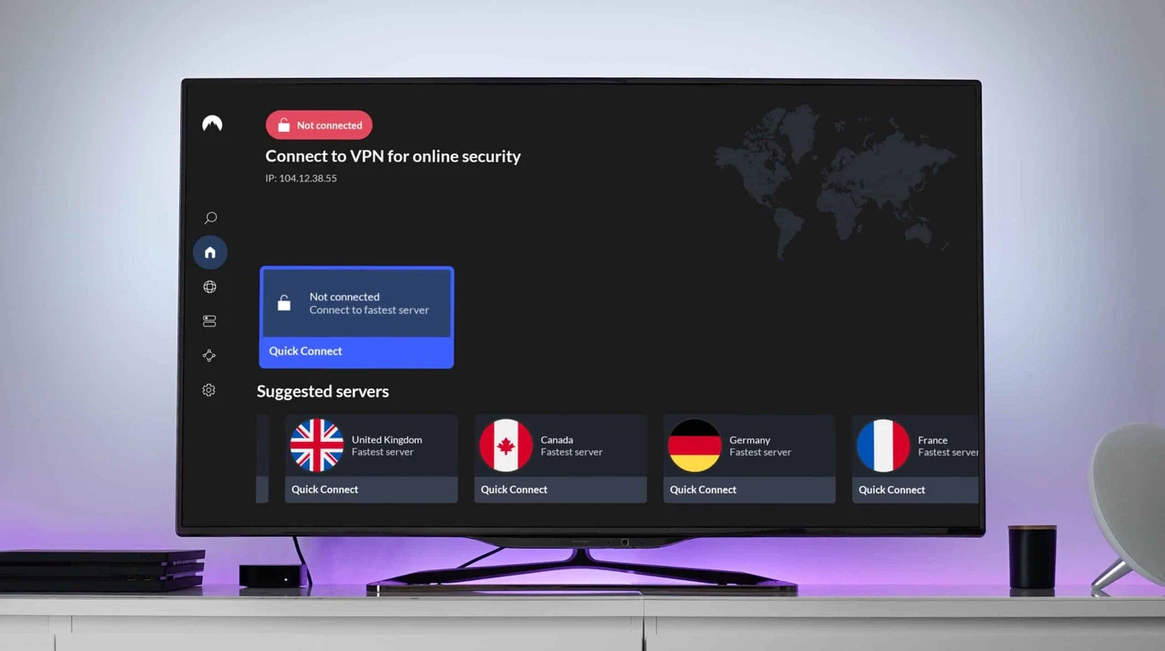 Smart TV screen showing VPN app interface with options to connect to servers in UK, Canada, Germany, and France for online security.