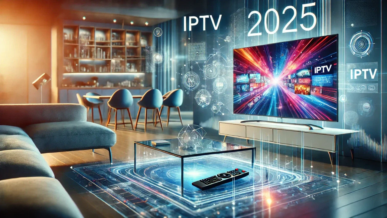 Modern living room with a smart TV displaying IPTV content and futuristic digital graphics for 2025 IPTV services.