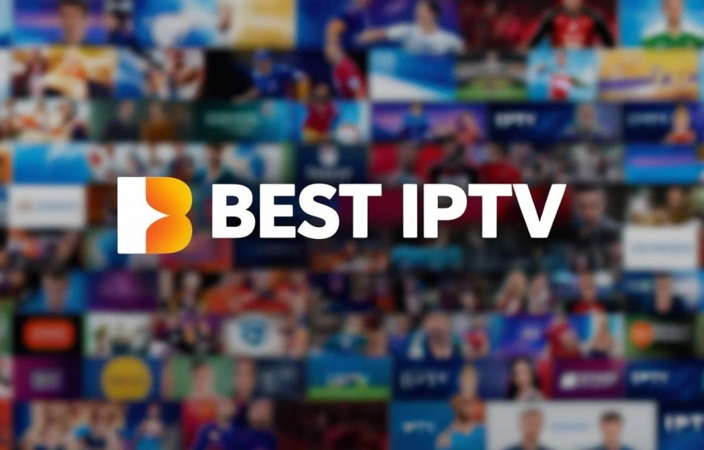 Bold 'BEST IPTV' text with an orange and white logo over a blurred collage of TV and sports images.