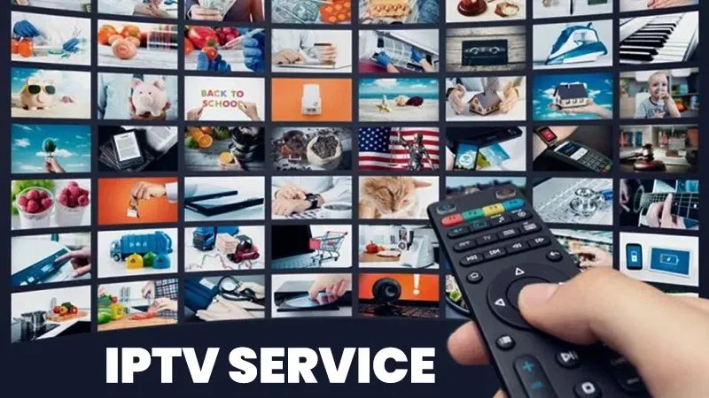 Hand holding remote control in front of multiple TV screens showcasing diverse IPTV content with 'IPTV Service' text below.