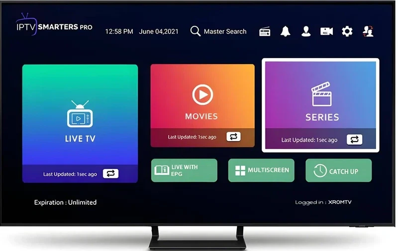 IPTV Smarters Pro interface showing options for Live TV, Movies, Series, and features like multiscreen and catch up.