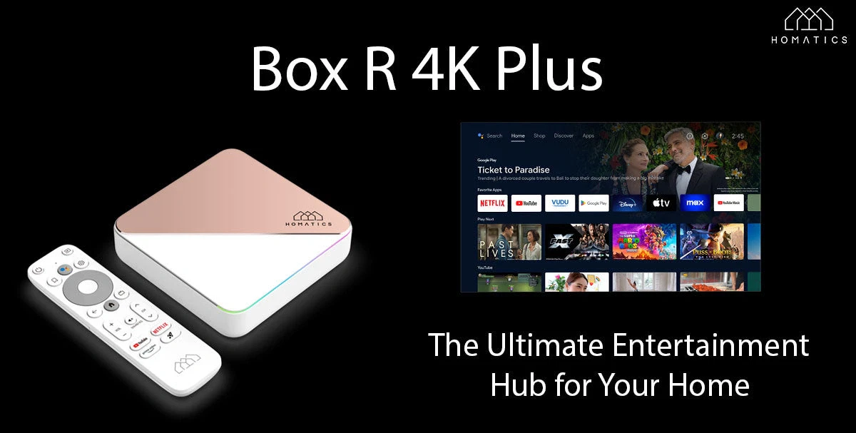 iptv Box R 4K Plus streaming device and remote with a TV screen showing various entertainment apps and titles.